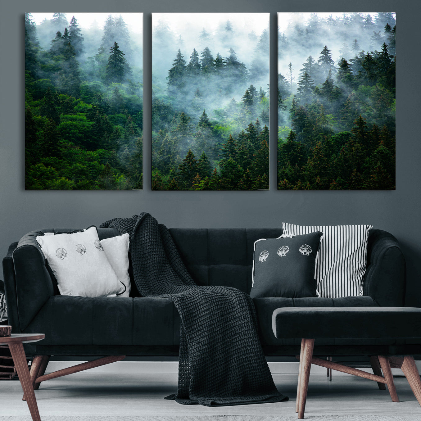 17393683-MGV-CV-60X30-3P-Misty Forest Wall Art Canvas Print – Framed Foggy Mountain Scene with Serene Nature Artwork for Home, Office, Living Room