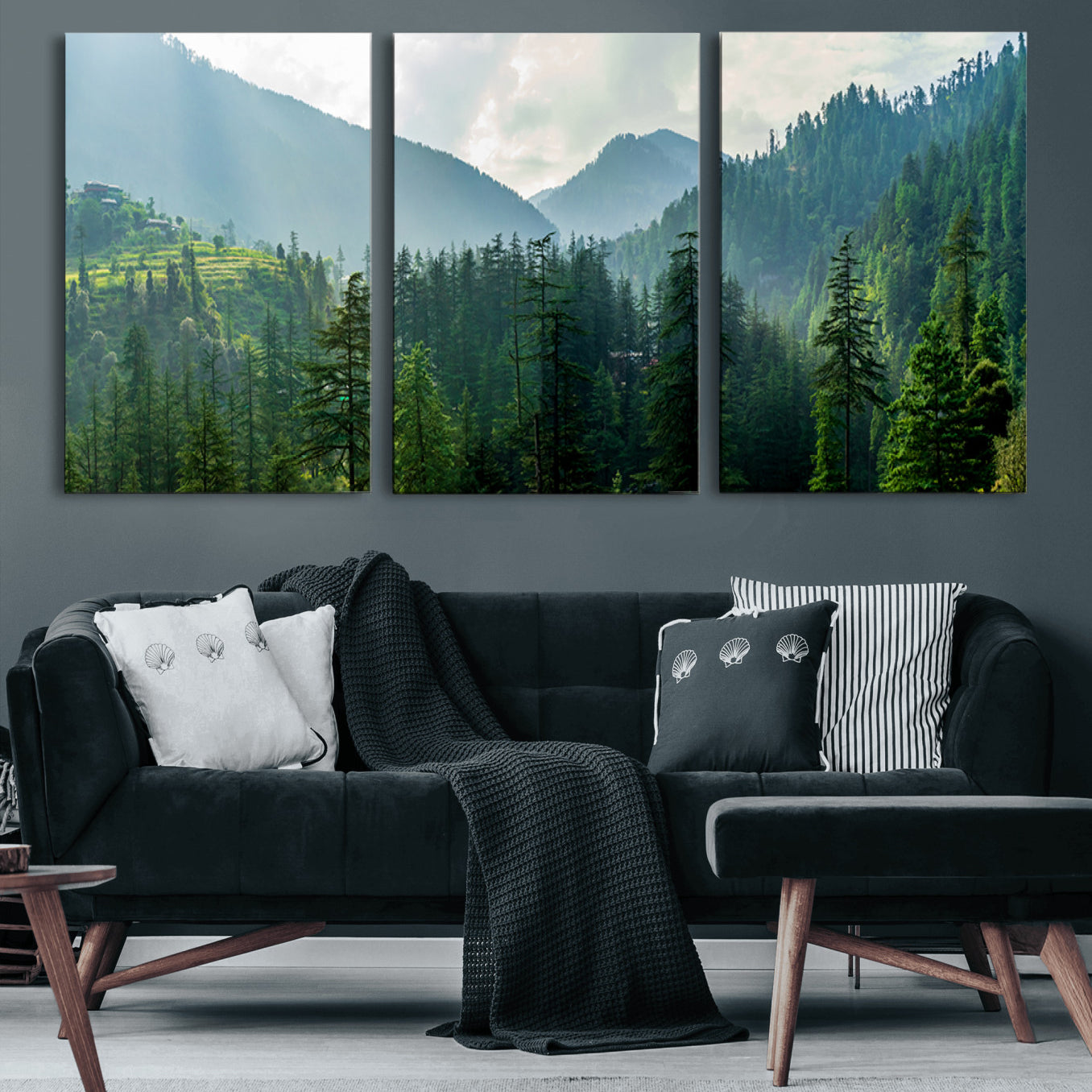 83417191-MGV-CV-36X24-Misty Forest Mountain Wall Art Canvas Print – Framed Serene Nature Scene with Tranquil Valley Artwork for Home, Office
