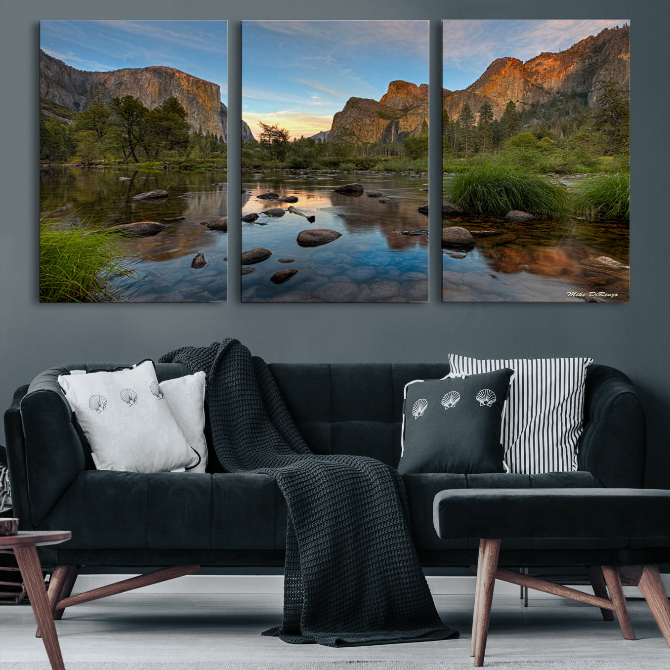 Canvas of Yosemite Valley with El Capitan and sunset reflections in a calm river, perfect for rustic or nature-themed décor.