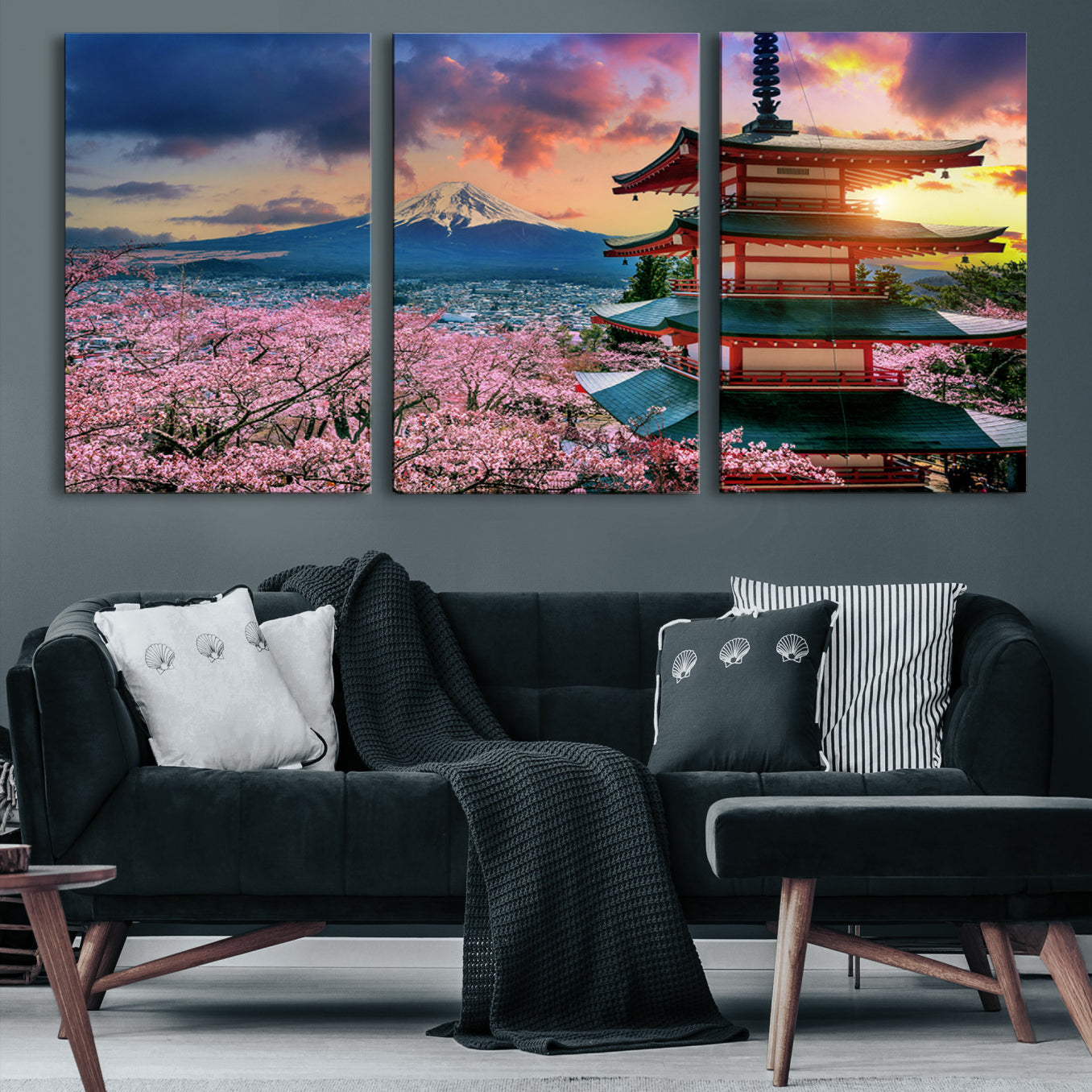 Mount Fuji & Cherry Blossom Wall Art Canvas Print – Iconic Japanese Landscape, Sakura Pagoda Sunset, Multi-Panel Framed Artwork for Home, Office & Zen Decor