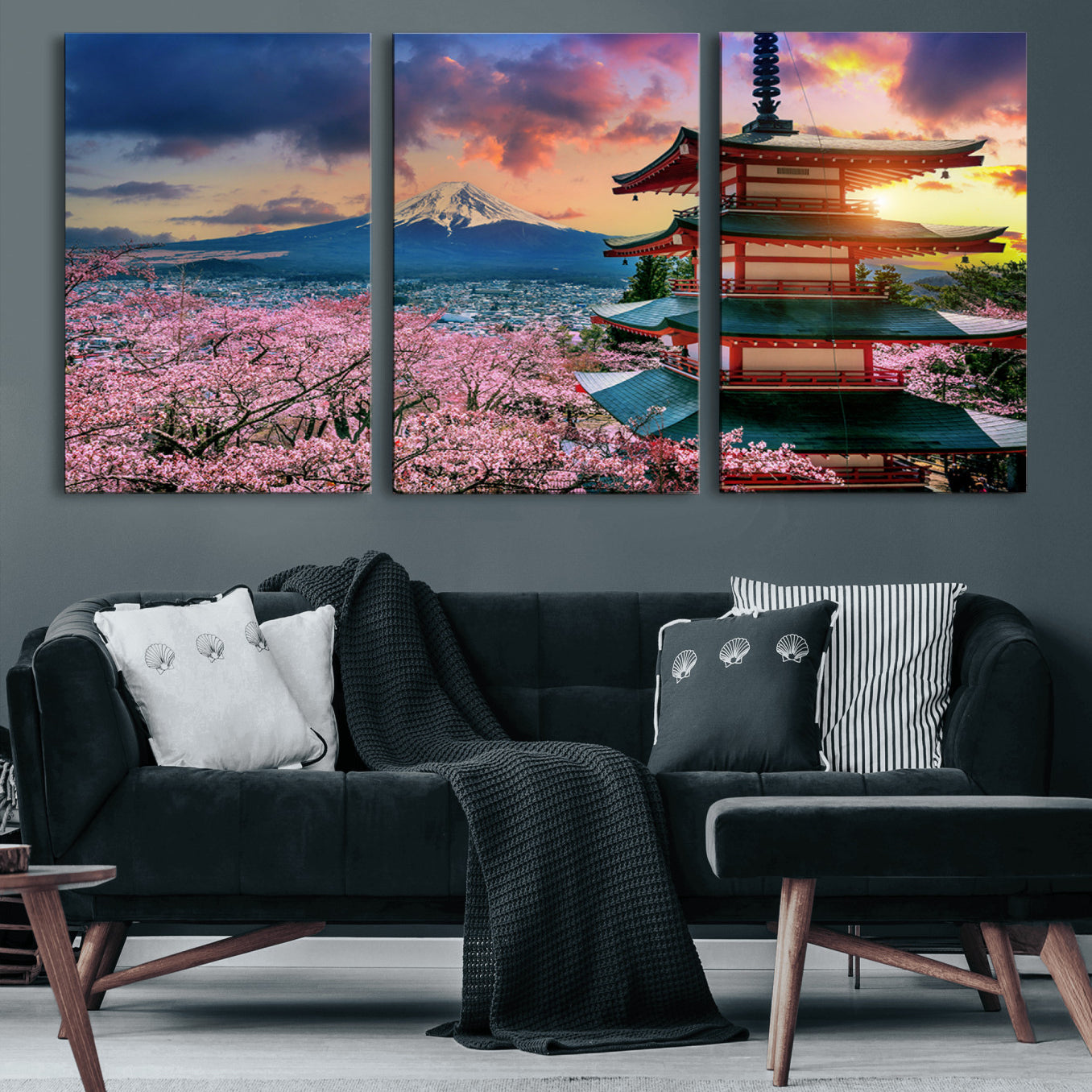 32331262-MGV-CV-60X30-3P-Mount Fuji & Cherry Blossom Wall Art Canvas Print – Iconic Japanese Landscape, Sakura Pagoda Sunset,