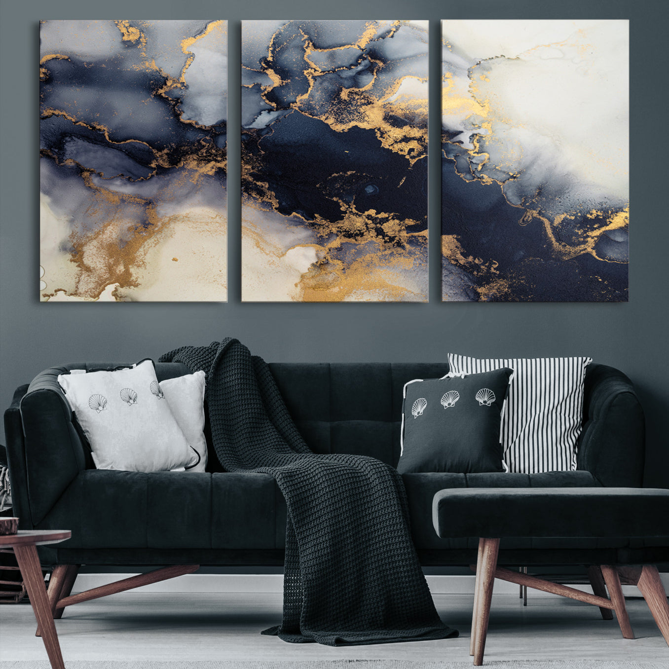 41136487-MGV-CV-48X32-3P-Black Marble Wall Art Canvas Print – Framed Abstract Gold Veins Elegant Luxury Design Decor for Home, Office