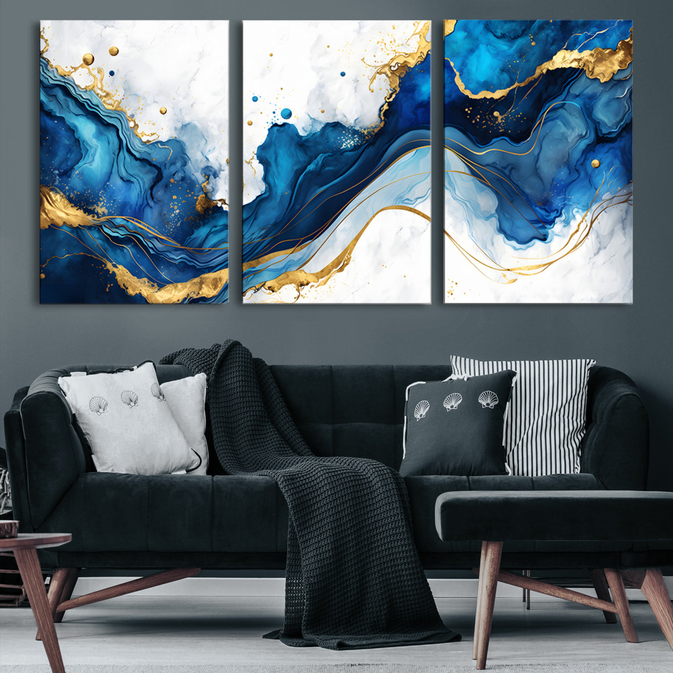 33506371-MGV-CV-48X32-3P-Blue Marble Wall Art Canvas Print – Framed Gold Splash Wave Design Modern Abstract Artwork for Home, Office