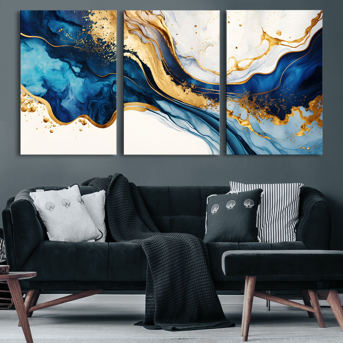60283636-MGV-CV-48X32-3P-Blue Gold Flow Wall Art Canvas Print – Framed Marble Design Elegant Splash Abstract Artwork for Home, Office