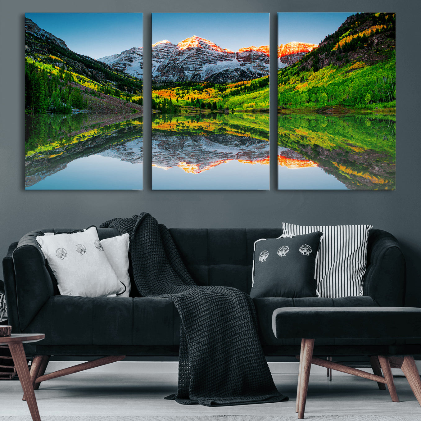 17996974-MGV-CV-60X30-3P-Sunrise Maroon Bells Lake Wall Art Print, Elk Mountains Canvas Wall Art, North Maroon Peak Landscape