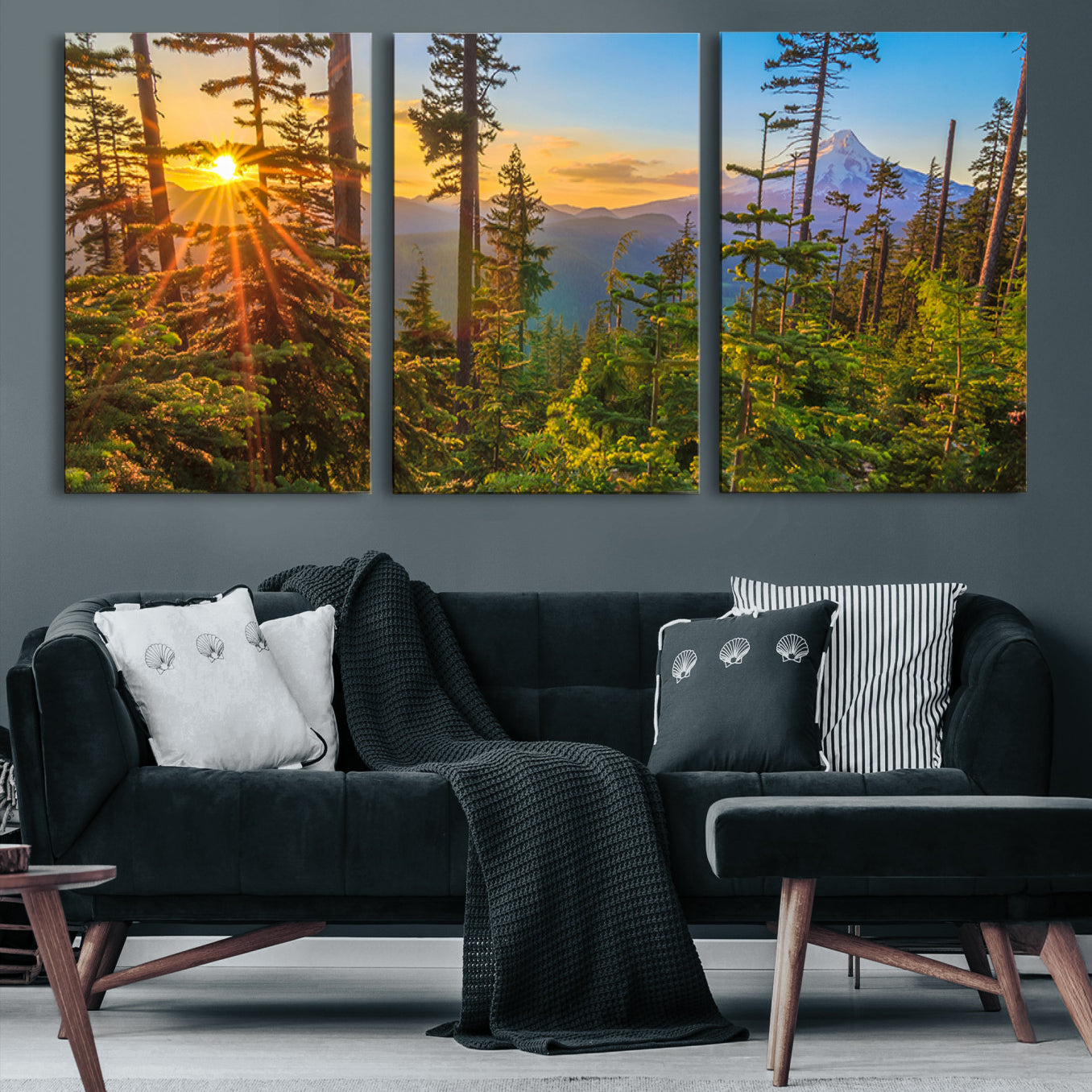 -Forest Sunset Wall Art Canvas Print, Framed Sunset Trees Art Picture Print, Green Pines Perfect