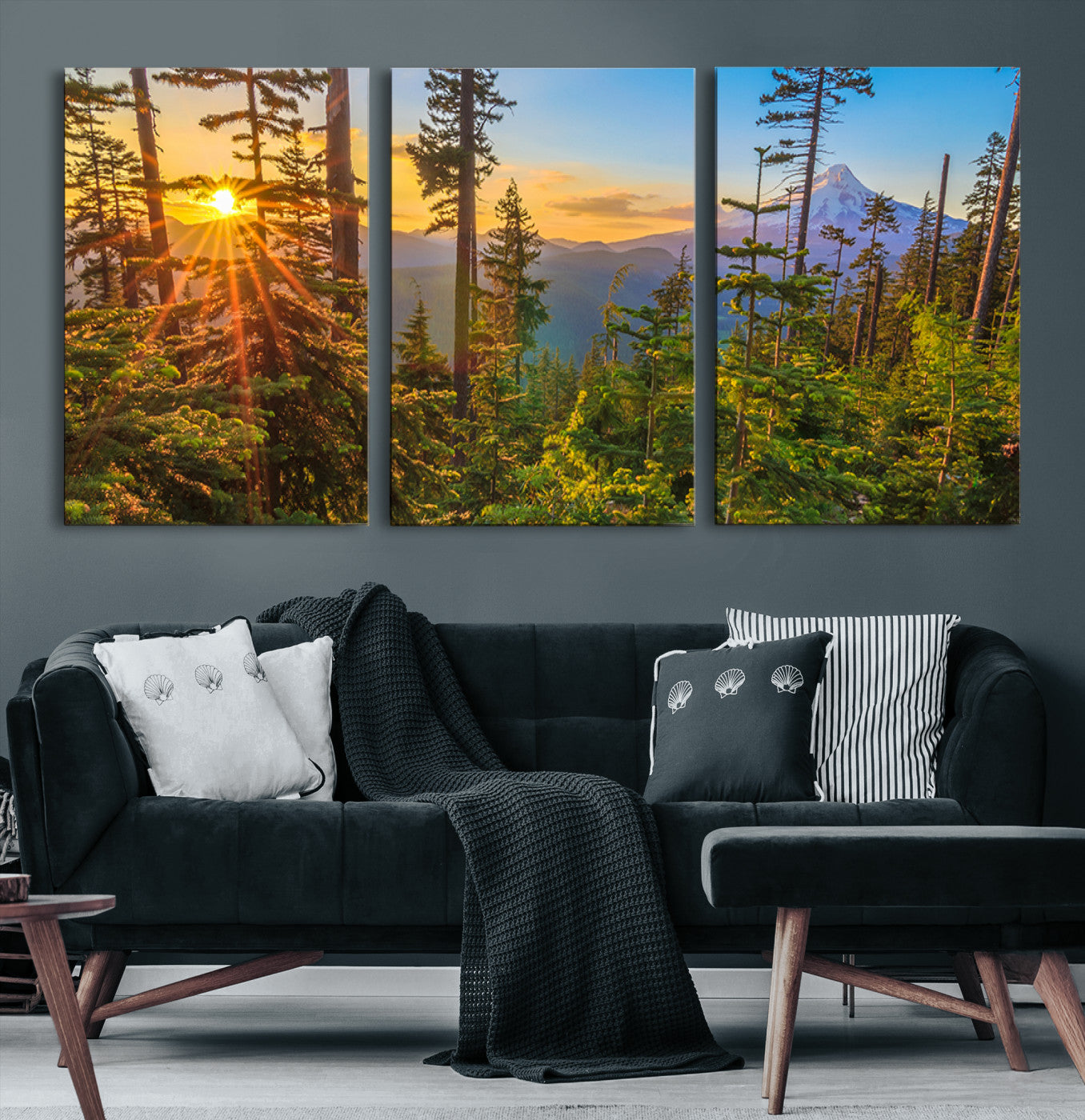 83544043-MGV-CV-48X32-3P-Forest Sunset Wall Art Canvas Print, Glowing Evening Light Through Green Pines and Trees Artwork for Home, Office