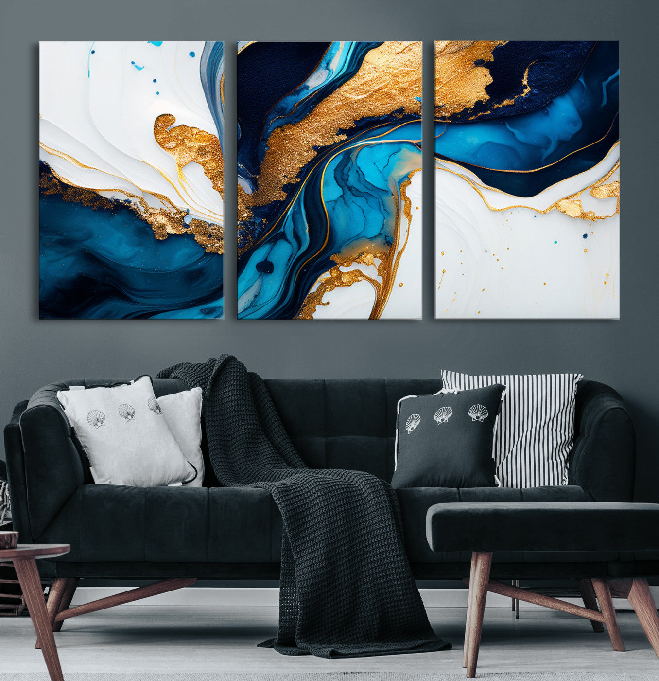 14107569-MGV-CV-48X32-3P-Gold Blue Abstract Wall Art Canvas Print, Elegant Navy and Gold Marble Flow Design Artwork for Home, Office