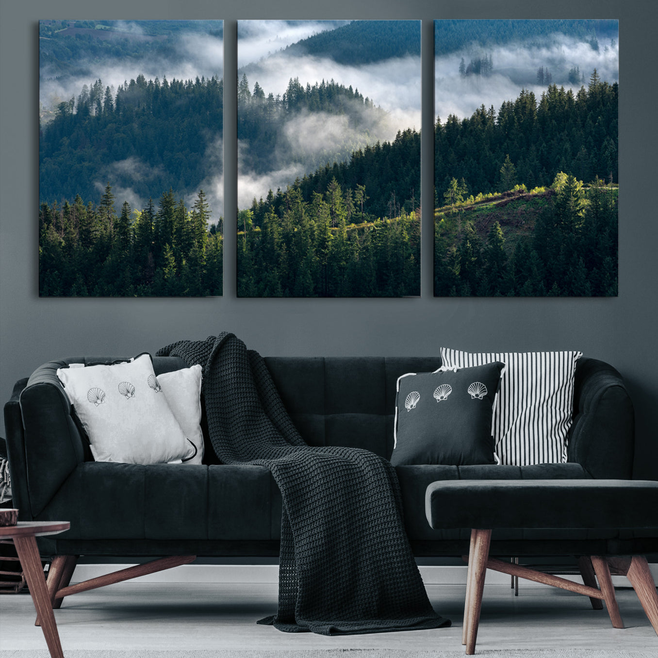 Moody canvas of misty pine forests over layered hills, perfect for cool-toned nature-inspired or woodland-style home decor.