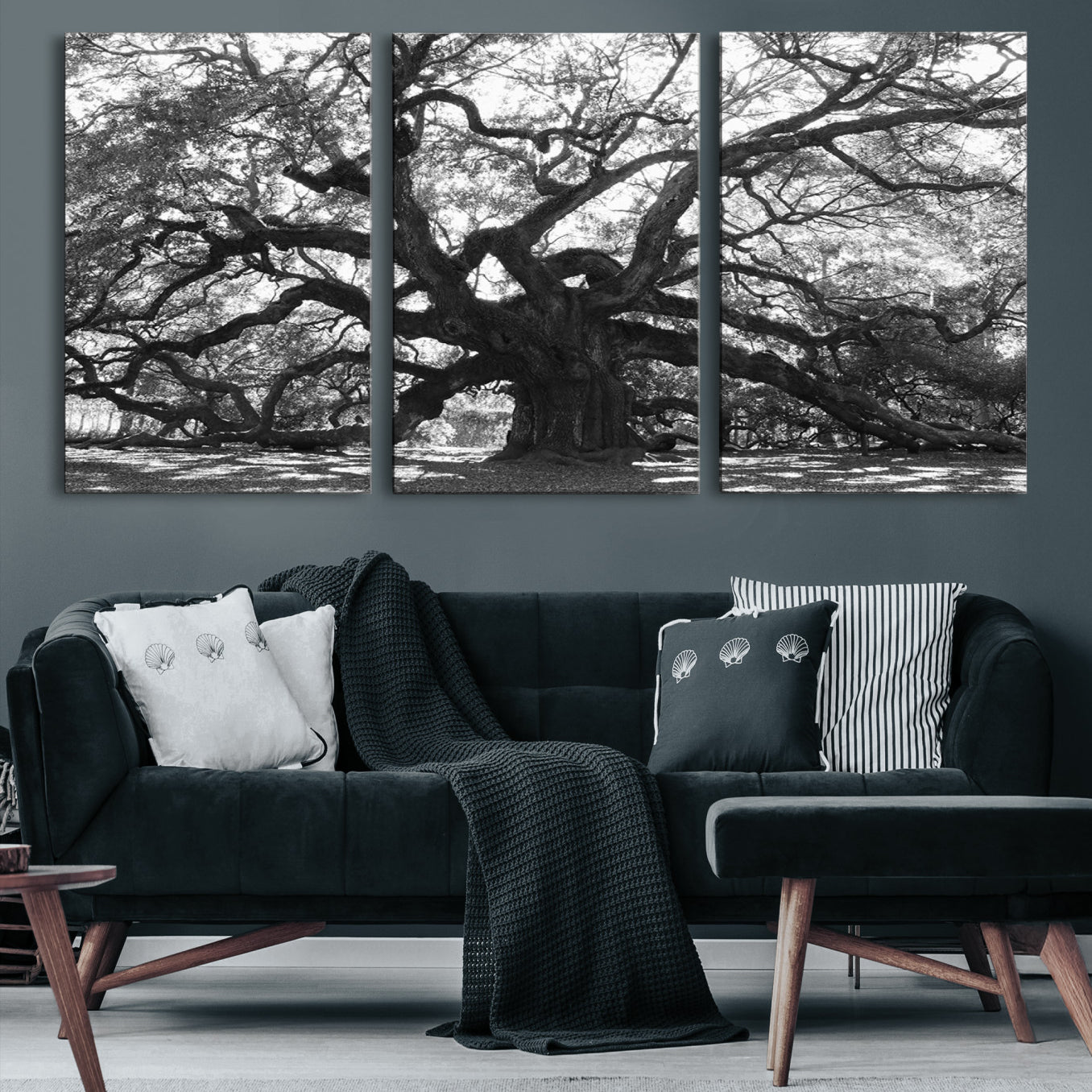 Black and white canvas of an ancient oak tree with sprawling, twisted branches, ideal for moody nature-inspired or rustic decor.
