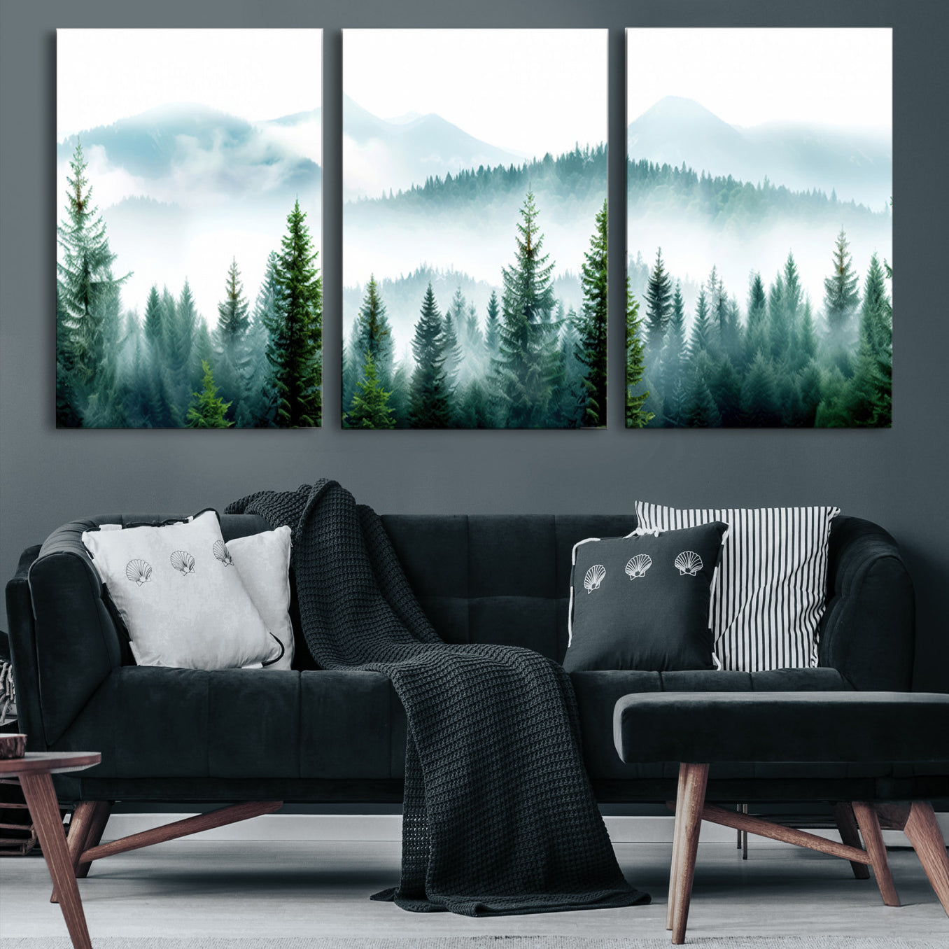 16716676-MGV-CV-48X32-3P-Misty Pine Forest Wall Art, Foggy Mountain Landscape Canvas Print, Serene Nature Trees Framed Artwork for Home, Office