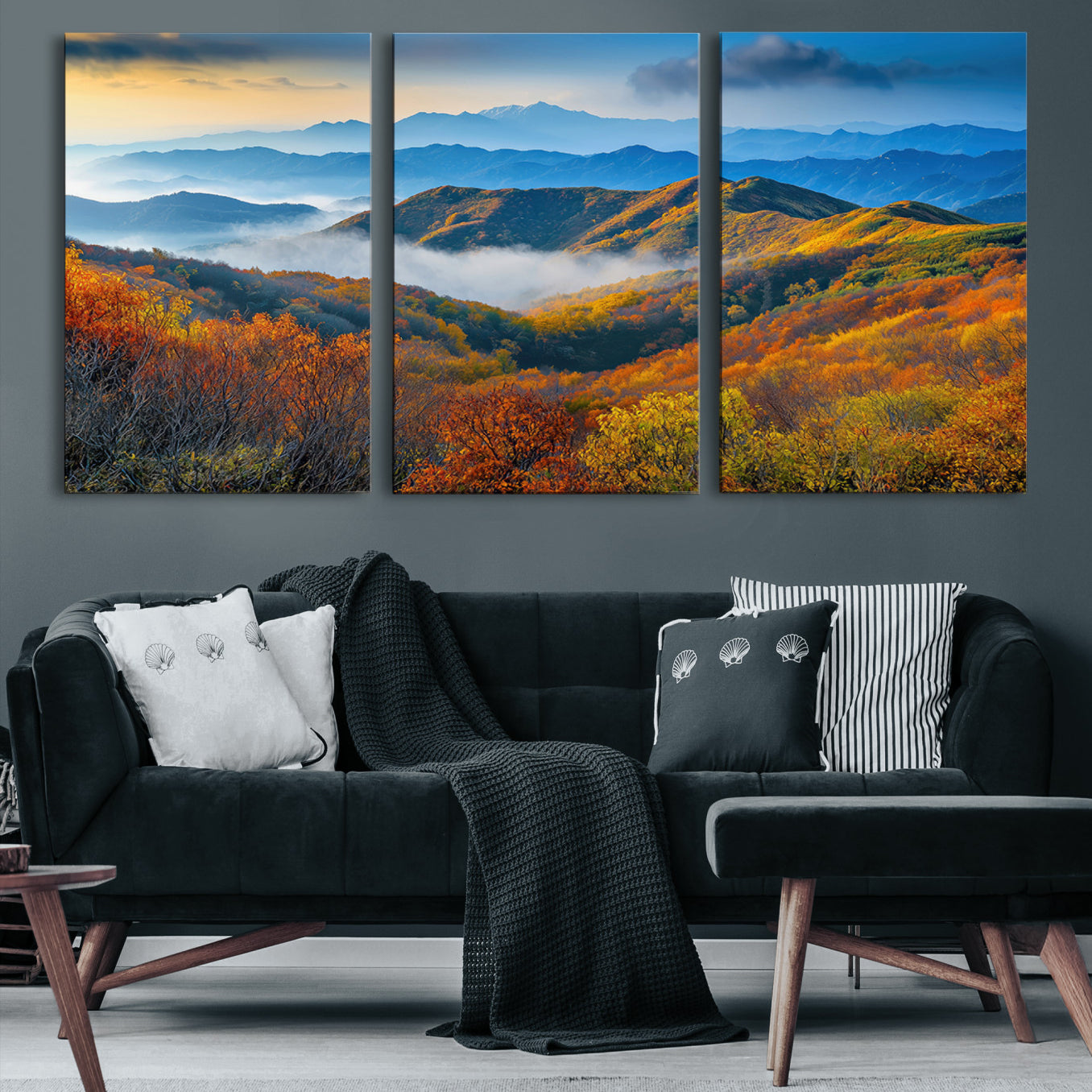-Autumn Mountains Wall Art Canvas Print, Autumn Mountain Foggy Landscape Wall Art Canvas Print,