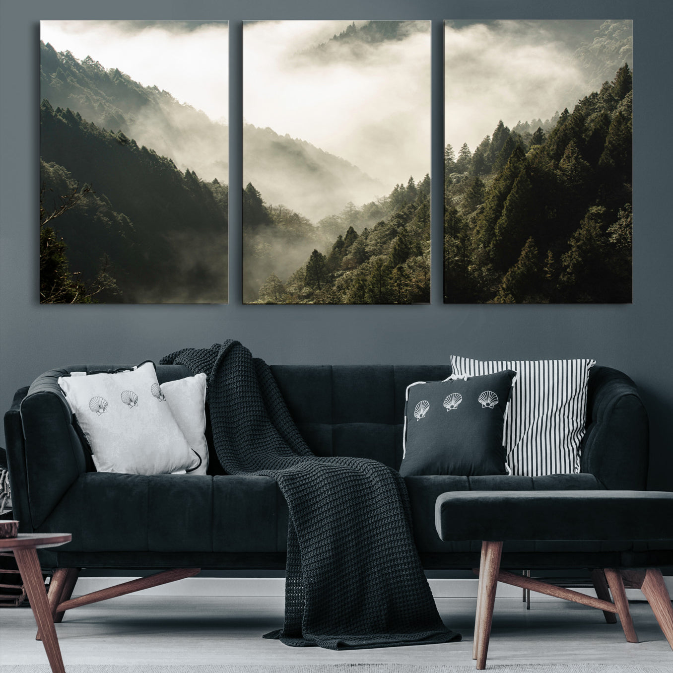 -Misty Valley Canvas Print, Framed Foggy Forest Art Picture Print, Pine Trees Perfect Moody Woodland
