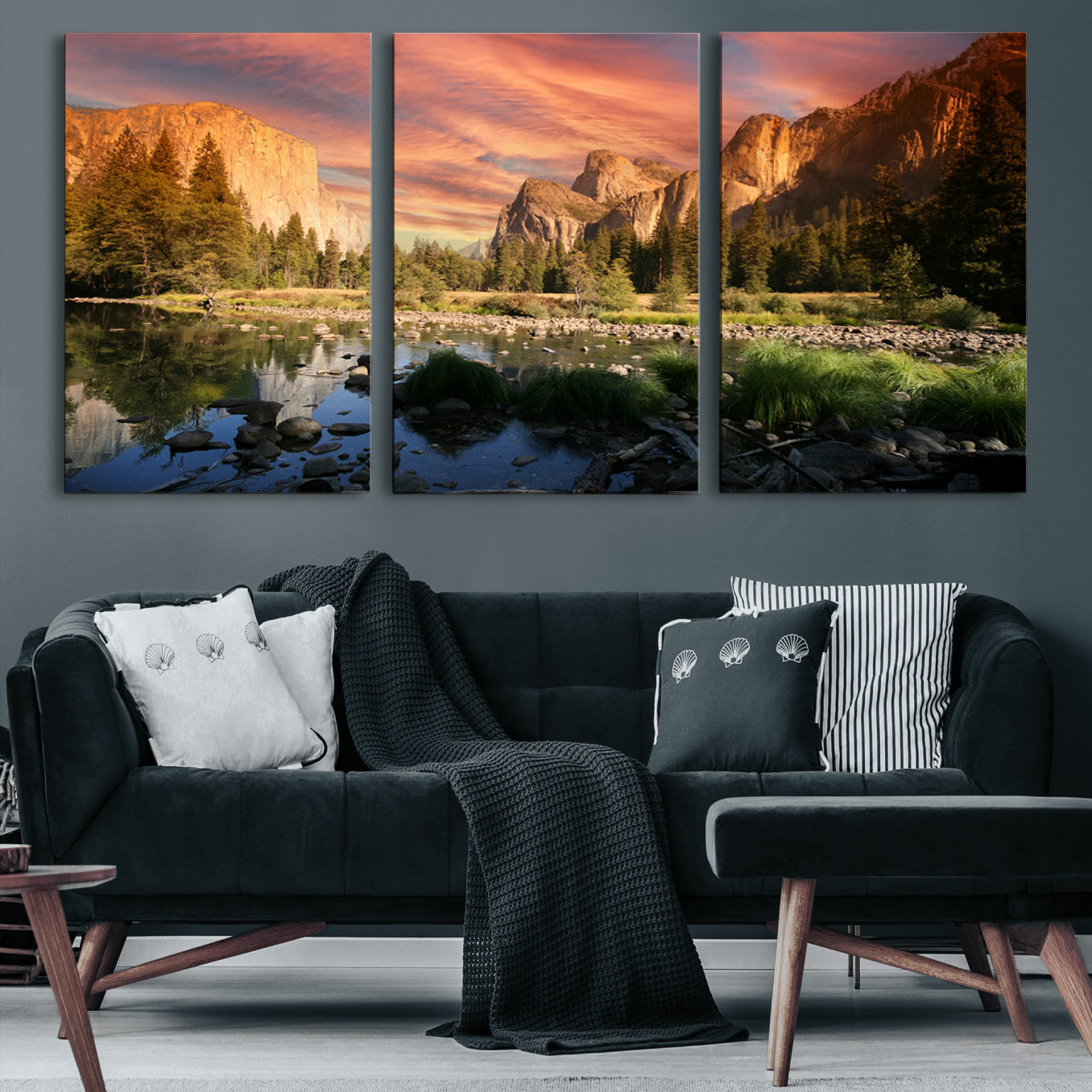 -Yosemite Valley Canvas Wall Art, Framed El Capitan Art Picture Print, Sunset Sky Perfect Vibrant