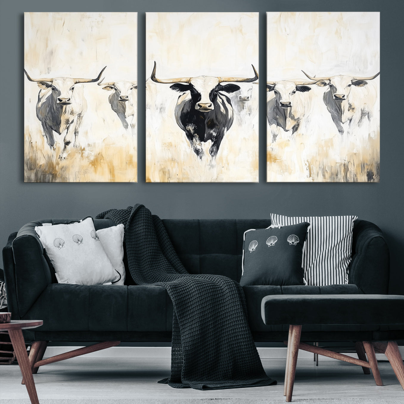 -Texas Longhorn Canvas Print, Framed Rustic Herd Art Picture Print, Western Bull Perfect Neutral