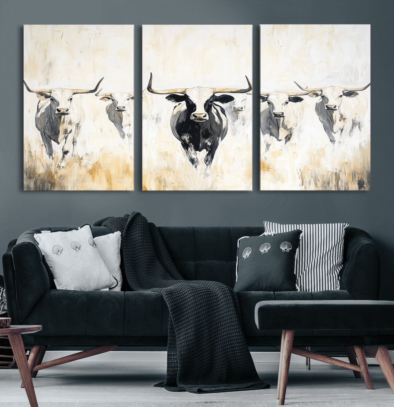 40397799-MGV-CV-36X24-Texas Longhorn Wall Art Canvas Print – Rustic Western Bull Herd Neutral Tones Country Ranch Artwork for Home Office
