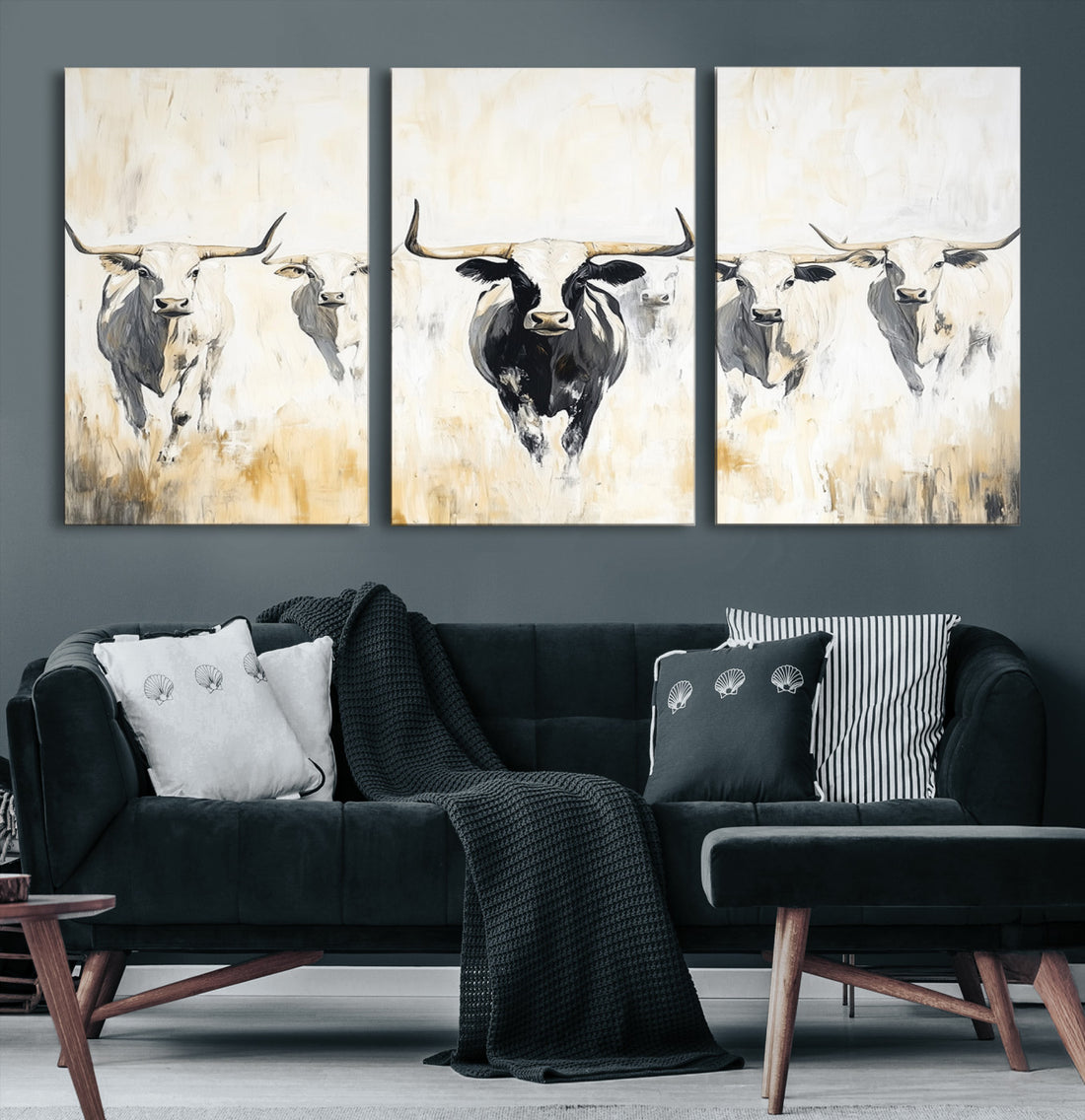 Texas Longhorn Wall Art Canvas Print | Rustic Western Bull in Neutral Tones