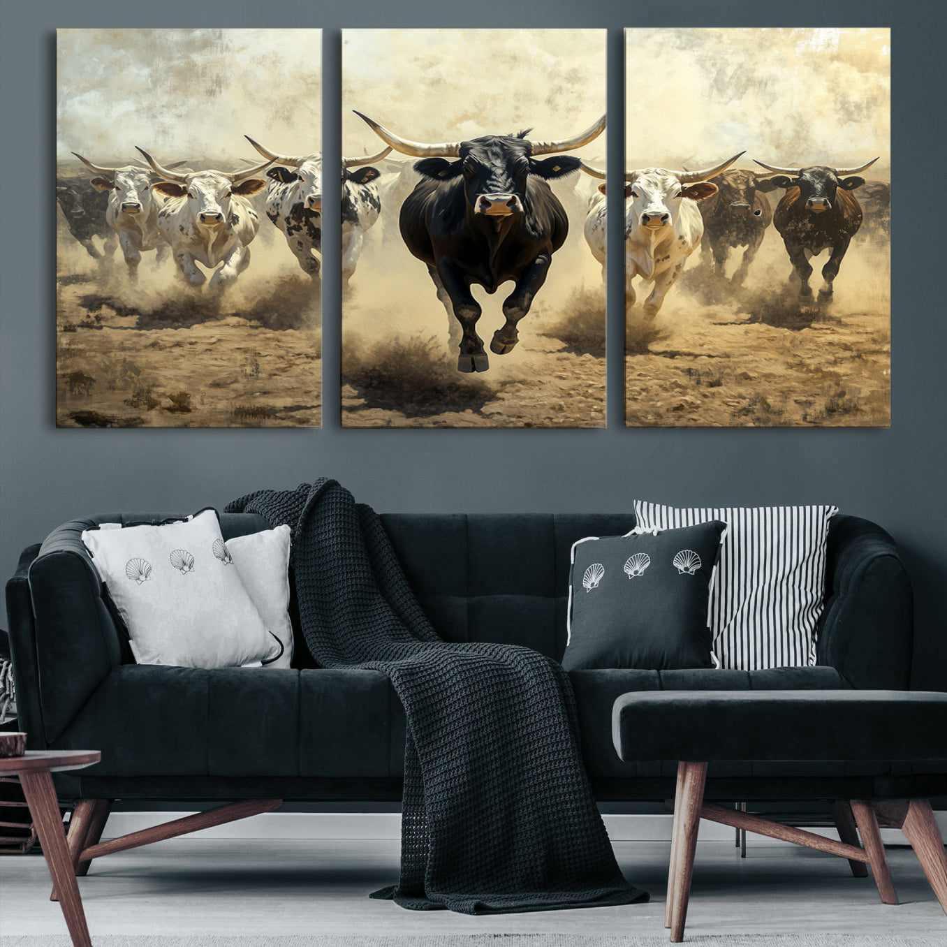 Dynamic canvas showing a Texas Longhorn stampede with earthy tones and bold movement, perfect for rustic or Western-style interiors.