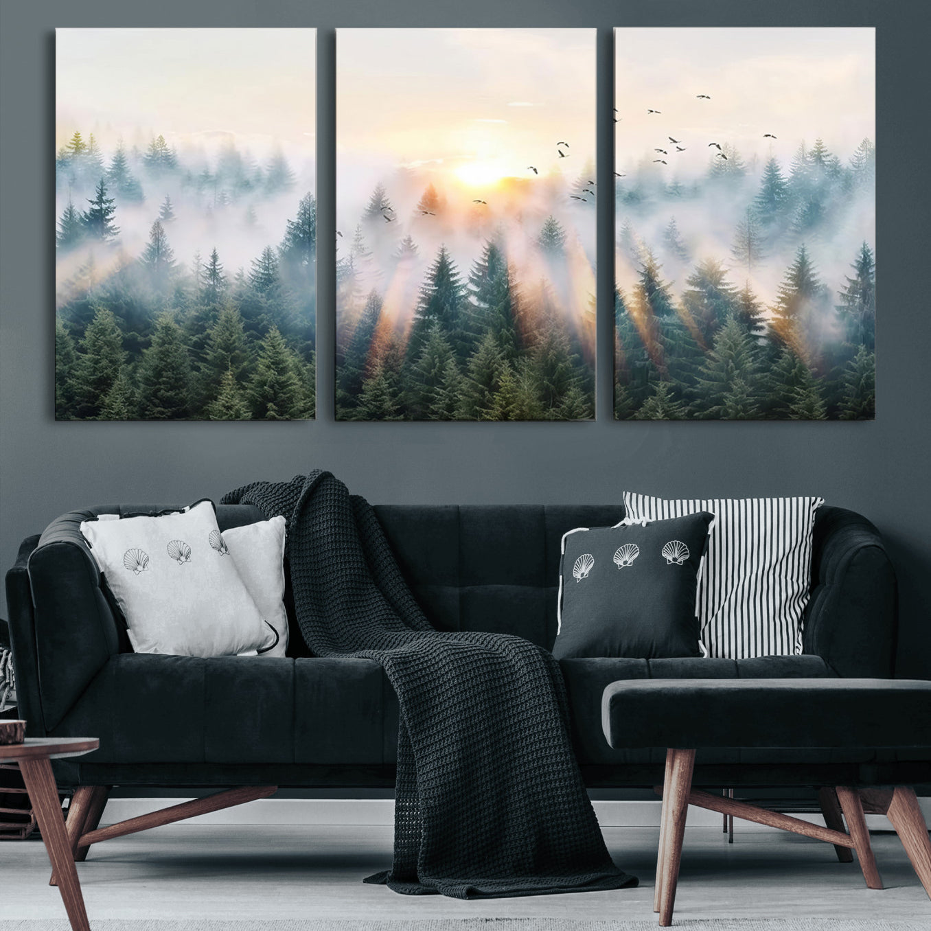 92718976-MGV-CV-60X30-3P-Misty Pine Forest Wall Art Canvas, Sunrise Over Foggy Trees Canvas for Home - Office, Framed