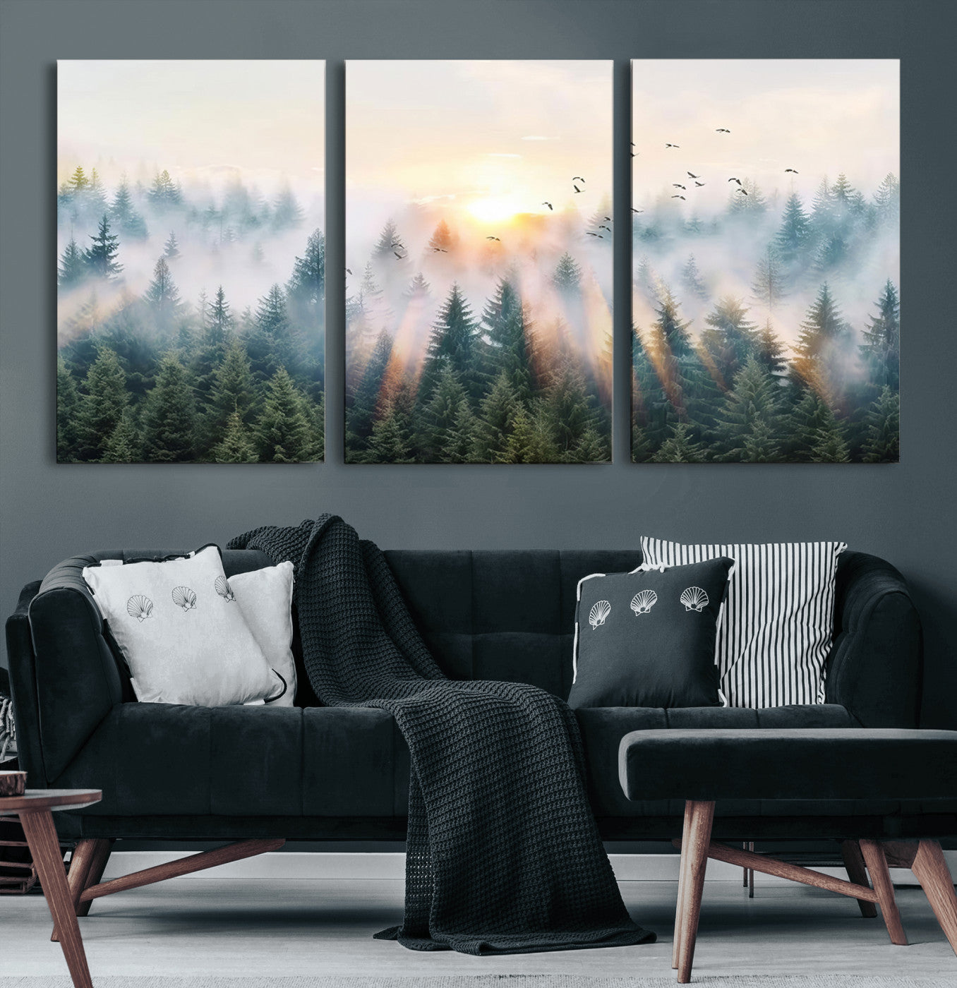 92718976-MGV-CV-60X30-3P-Misty Pine Forest Wall Art Canvas, Sunrise Over Foggy Trees Canvas for Home - Office, Framed