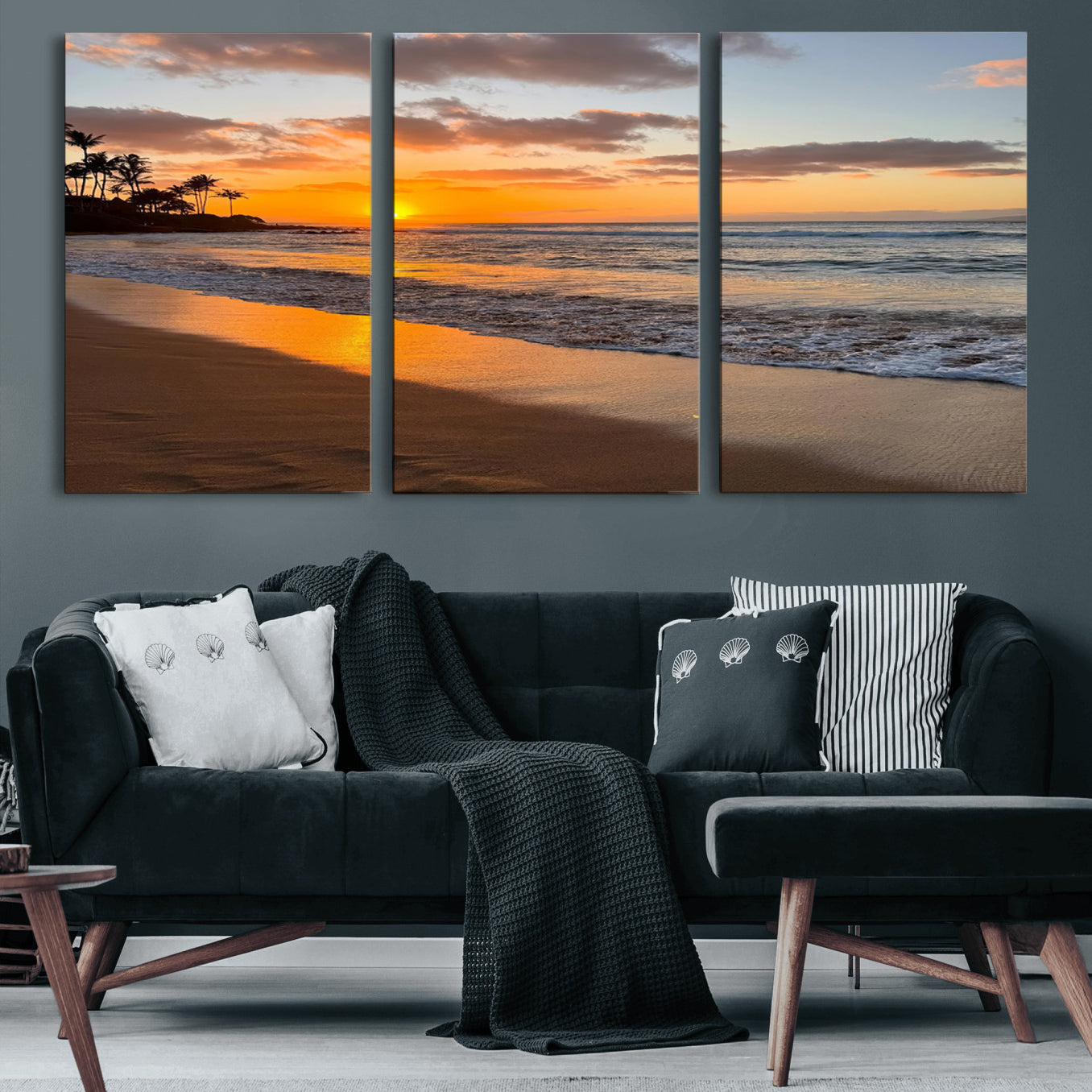 MGV-CV-60X30-3P - Sunset Glow Wall Art – Canvas Print of Ocean Breeze, Golden Sand, Tropical Palm Silhouettes, Tranquil Waves, Beach Nature Decor for Home
