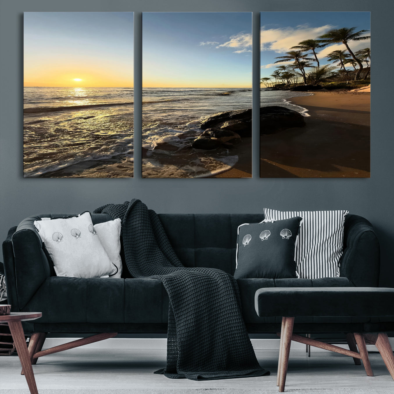 Canvas of a golden sunset on a tropical beach with palm trees and calm waves, perfect for coastal or island-themed home decor.