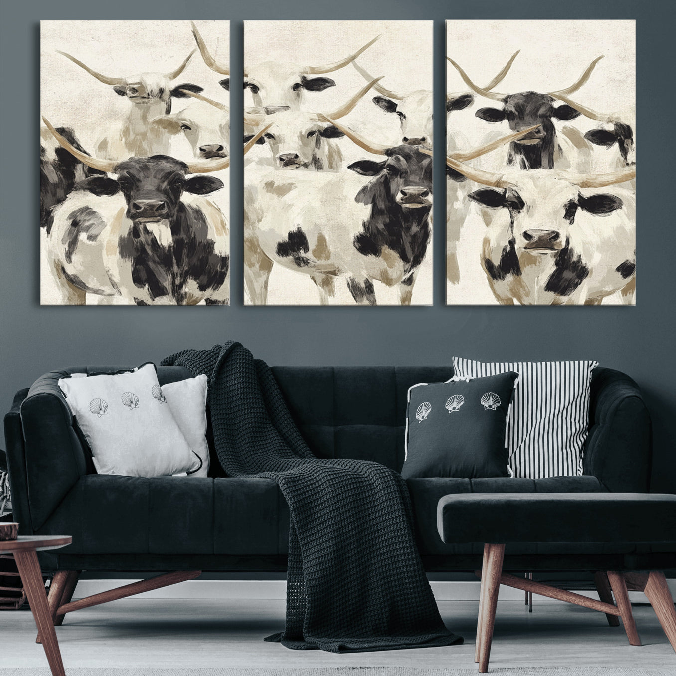 28732868-MGV-CV-60X30-3P-Longhorn Texas Cow Drawing Abstract Wall Art Canvas Print for Farmhouse Decor, Texas Bull Printing