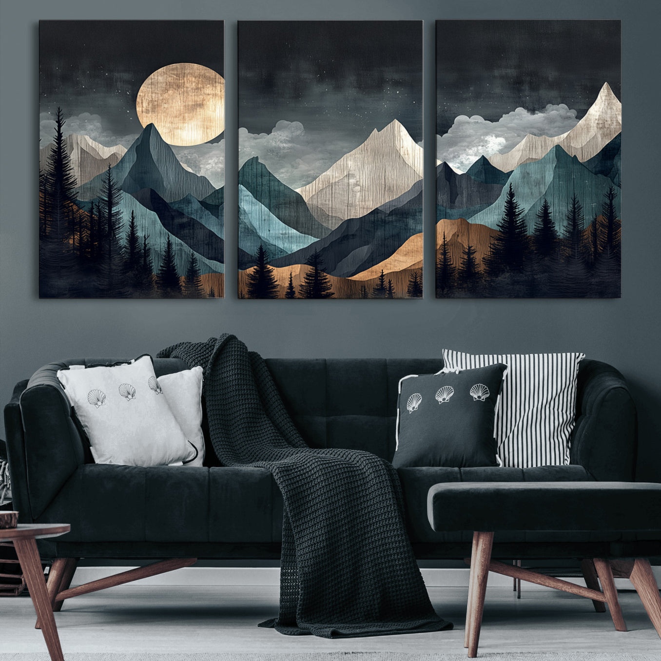 11060882-MGV-CV-60X30-3P-Moonlit Mountain Wall Art Canvas Print – Silhouetted Pines Layered Peaks Tranquil Sky Mist Silver Light Nature Artwork for Home