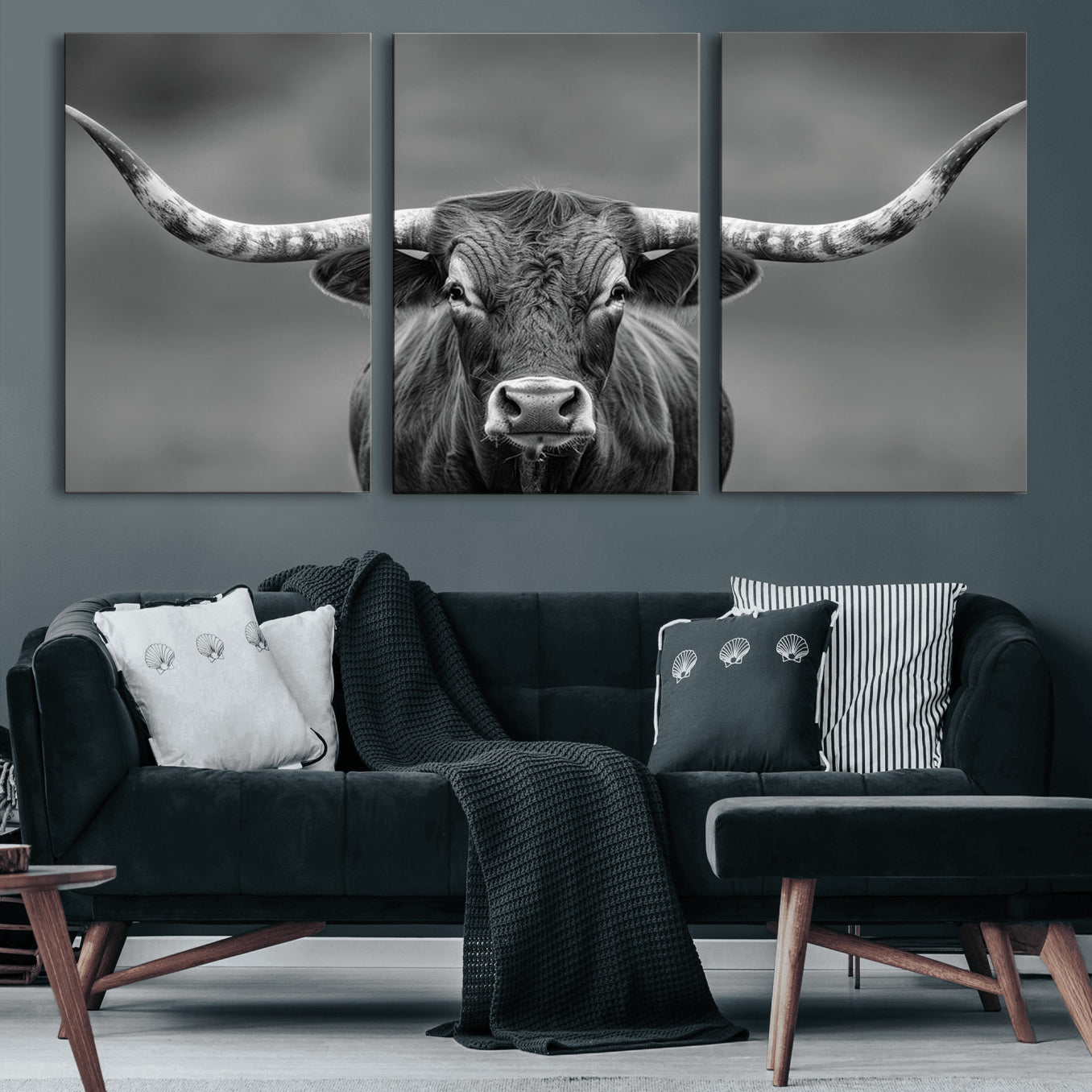 81228550-MGV-CV-60X30-3P-Framed Texas Longhorn Bull Art Canvas Print, Western Bull Wall Art Print, Long Horn Bull Photo Print