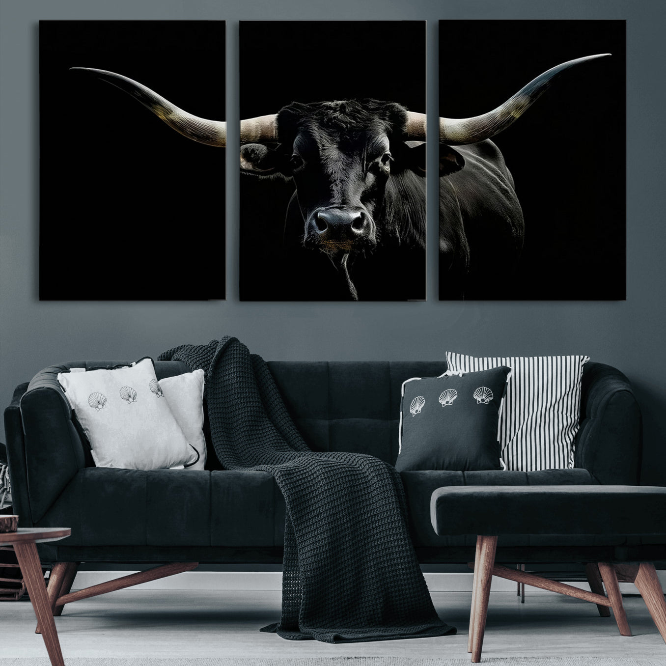 37531960-MGV-CV-60X30-3P-Texas Black Bull Wall Art Print, Longhorn Bull Canvas Wall Art