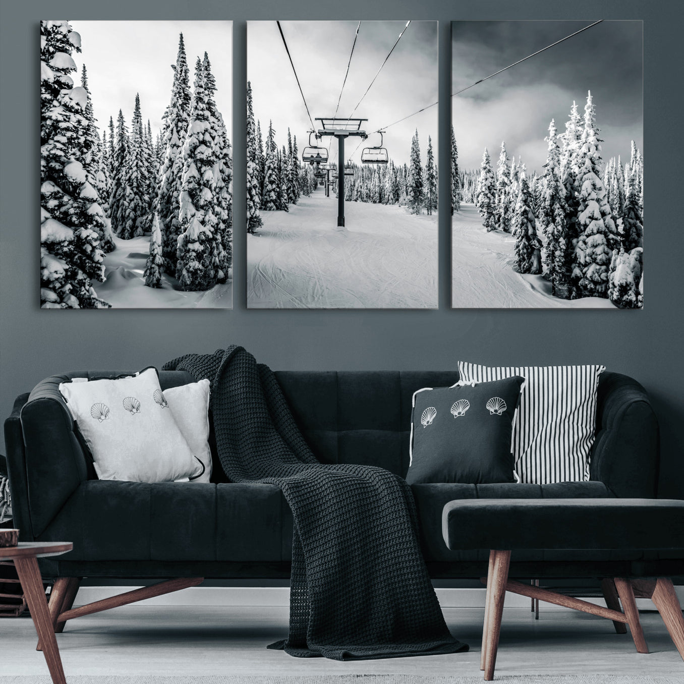 31156828-MGV-CV-60X30-3P-Snowy Pines Wall Art Canvas Print – Framed Ski Lift Winter Forest Snowy Landscape Moody Lodge Artwork for Home, Office