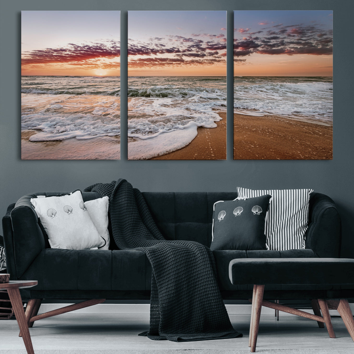 39846389-MGV-CV-60X30-3P-Ocean Sunset Wall Art Canvas Print – Framed Sandy Shore Gentle Waves Coastal Landscape Minimalist Artwork for Home, Office