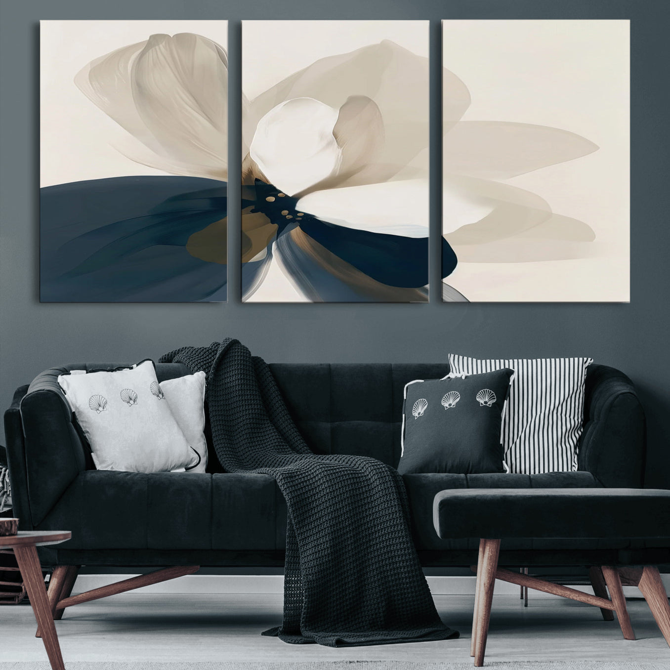 42188901-MGV-CV-60X30-3P-Minimal Flower Wall Art Canvas Print, Framed Flower Drawing Art Picture Print, Beige Bloom Perfect Modern Botanical Decor Artwork