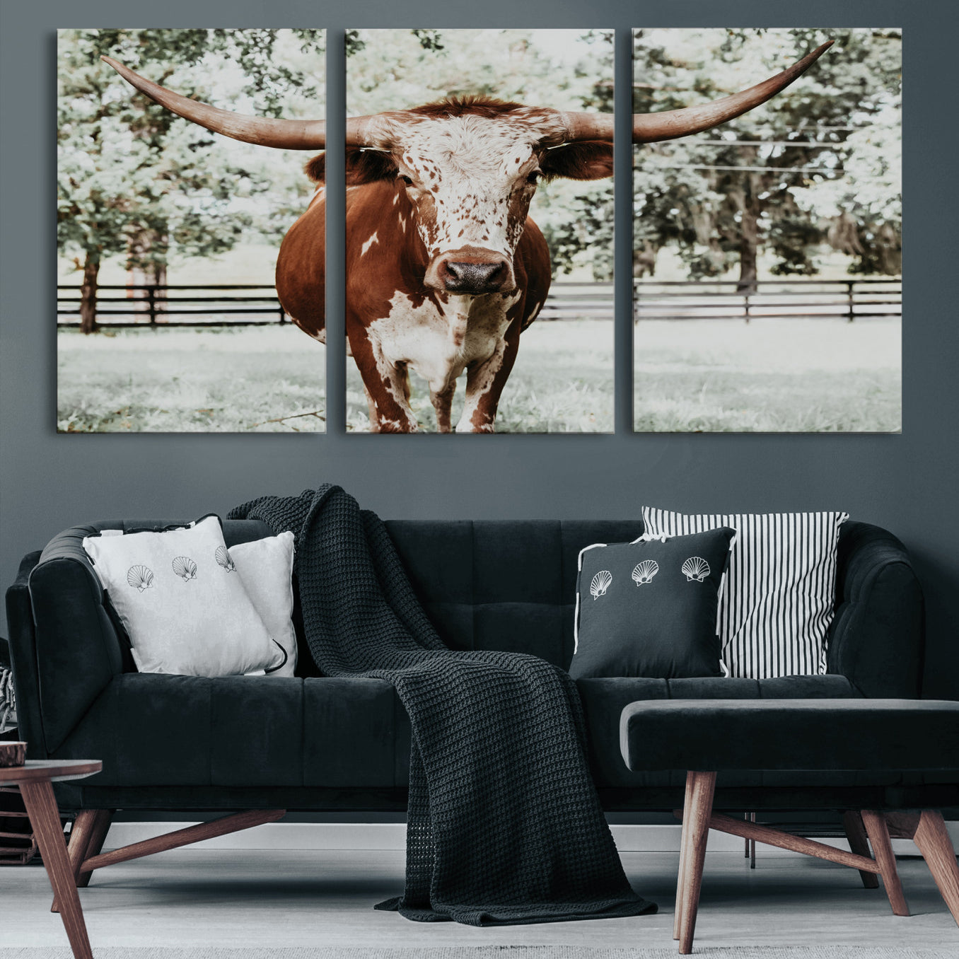 54757537-MGV-CV-60X30-3P-Texas Longhorn Wall Art Canvas Print, Framed Spotted Cow Art Picture Print, Horned Cattle Perfect Rustic Western Decor Artwork