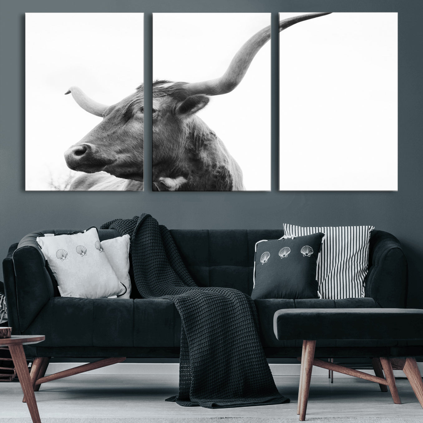 -Longhorn Wall Art Wall Art Canvas Print, Framed Modern Ranch Style Art Art Picture Print, Monochrome Cow Print Perfect Rustic Western Decor Artwork