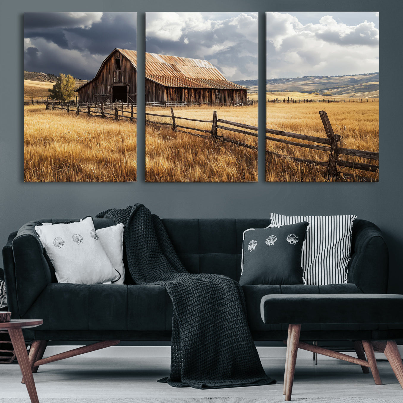 38758826-MGV-CV-36X24-Rustic Barn Wall Art Canvas Print – Framed Moody Barn Golden Field Countryside Farmhouse Landscape Artwork for Home Office