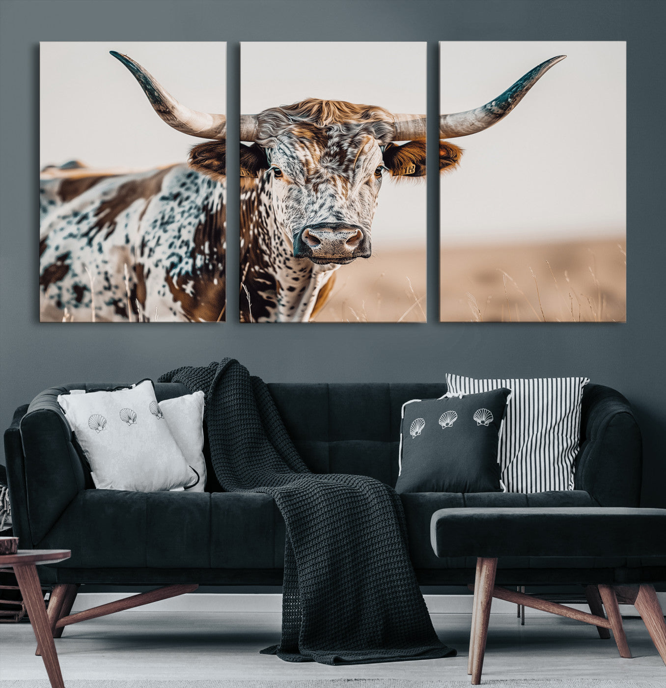 Canvas of a speckled Texas longhorn with wide curved horns and warm tones, perfect for rustic or country-style wall decor.