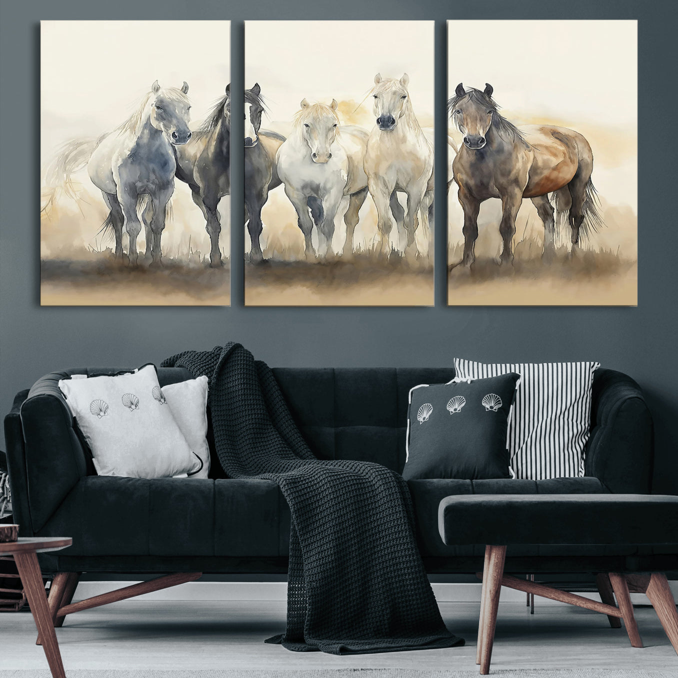 MGV-CV-60X30-3P - Wild Horses Wall Art Canvas Print, Framed Running Horses Art Picture Print, Watercolor Horses Perfect Rustic Western Decor Artwork