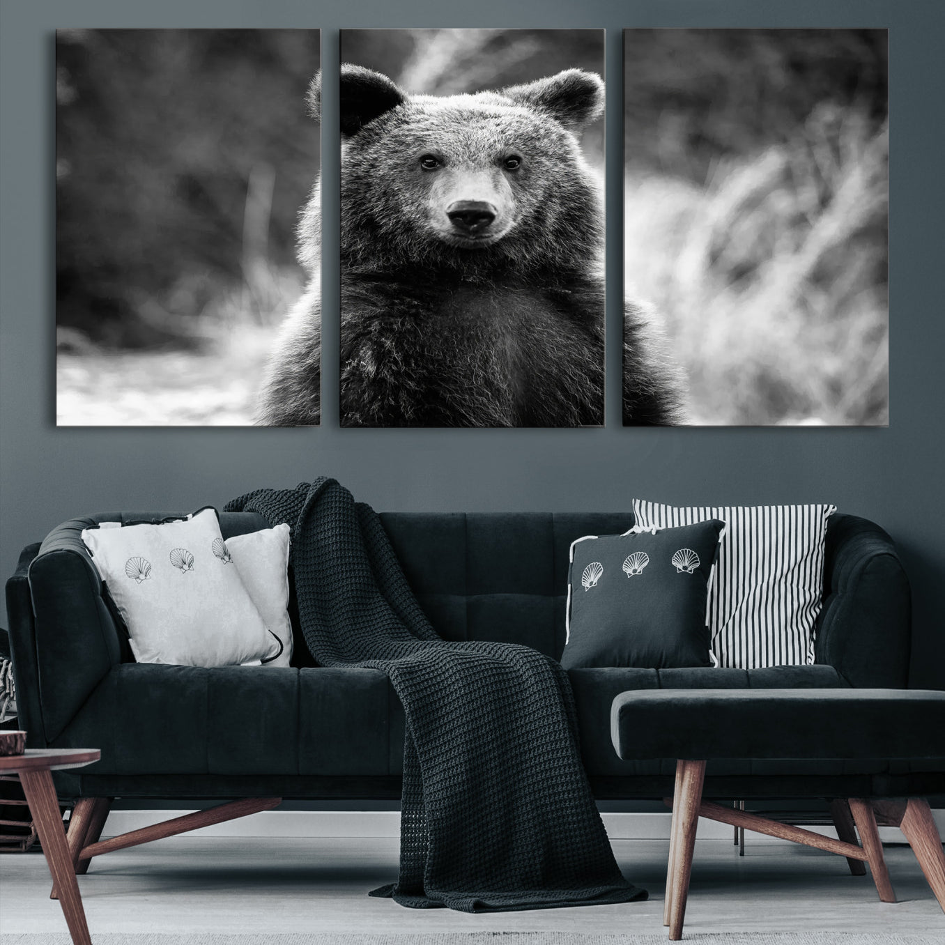 Black and white portrait of a grizzly bear with sharp detail and intense gaze, ideal for neutral-toned wildlife or rustic nature decor.