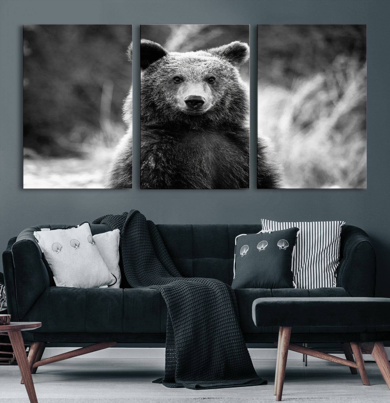 Black and white portrait of a grizzly bear with sharp detail and intense gaze, ideal for neutral-toned wildlife or rustic nature decor.