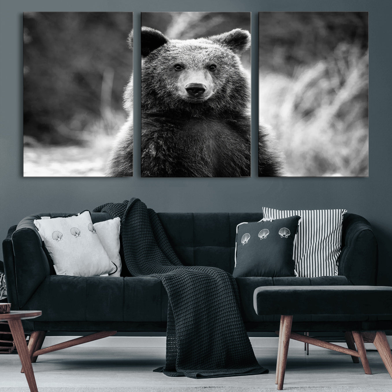 55656803-MGV-CV-60X30-3P-Grizzly Bear Wall Art Canvas Print, Framed Black White Bear Art Picture Print, Wild Bear Perfect Rustic Wildlife Decor Artwork