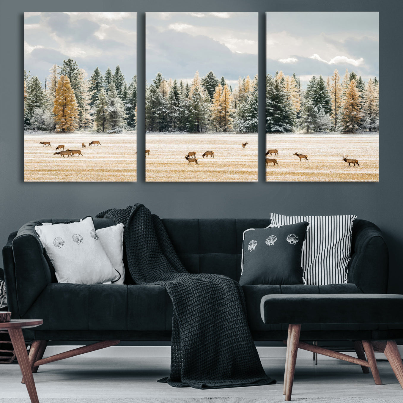 Elk herd in a snowy field with golden pine trees and frosted evergreens, ideal for neutral rustic or cabin-style home decor.