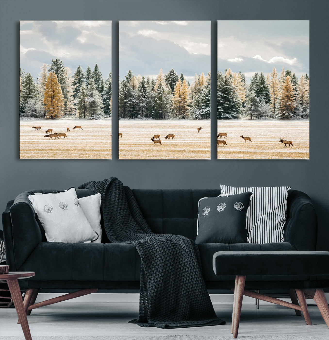 Elk herd in a snowy field with golden pine trees and frosted evergreens, ideal for neutral rustic or cabin-style home decor.