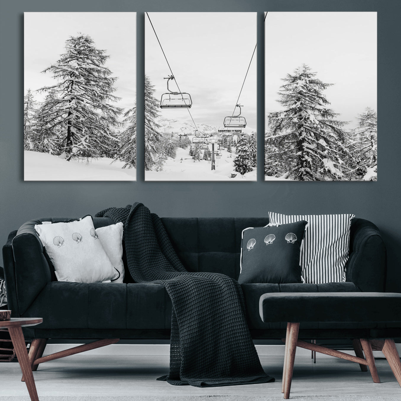 55003599-MGV-CV-36X24 - Snowy Ski Lift Wall Art – Framed Winter Forest Canvas Artwork, Peaceful Mountain Design, Modern Nature Decor for Home, Office