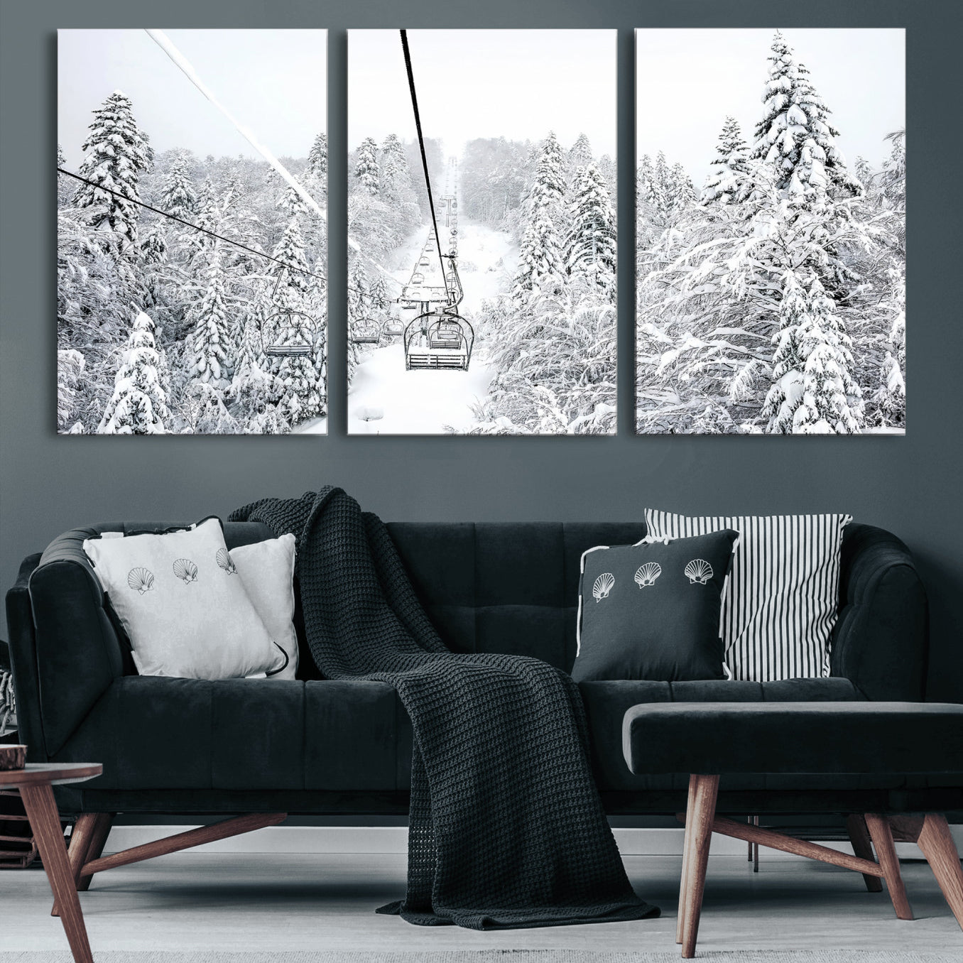 MGV-CV-60X30-3P - Snowy Forest Escape Wall Art – Canvas Print of Majestic Snow Covered Pines & Silent Chairlift, Serene Winter Wonderland Decor for Living Room, Office or Bedroom