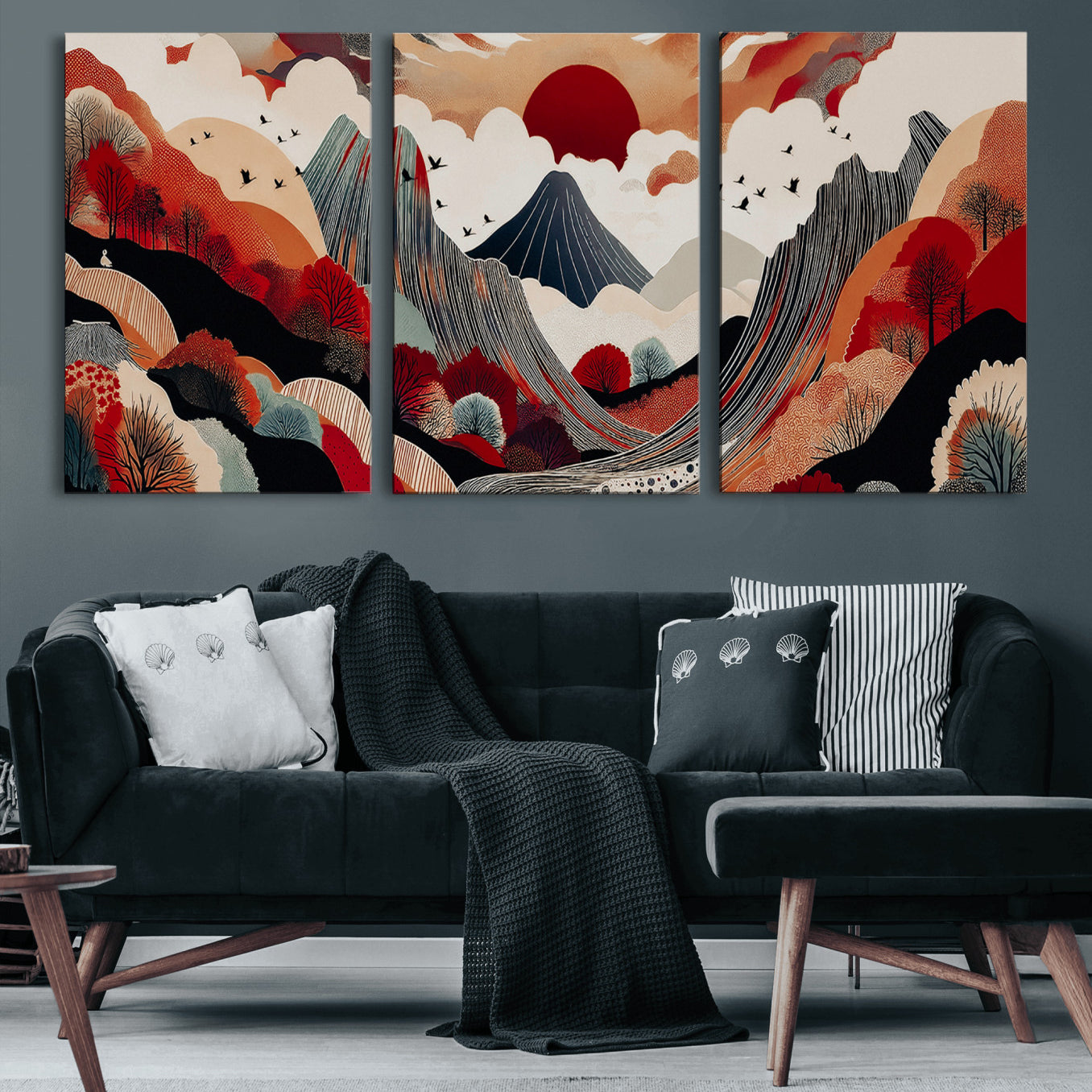 49034575-MGV-CV-60X30-3P-Abstract Mountain Wall Art Canvas Print, Framed Vibrant Landscape Art Picture Print, Stylized Nature Drawing Perfect Contemporary Minimalist Decor Artwork