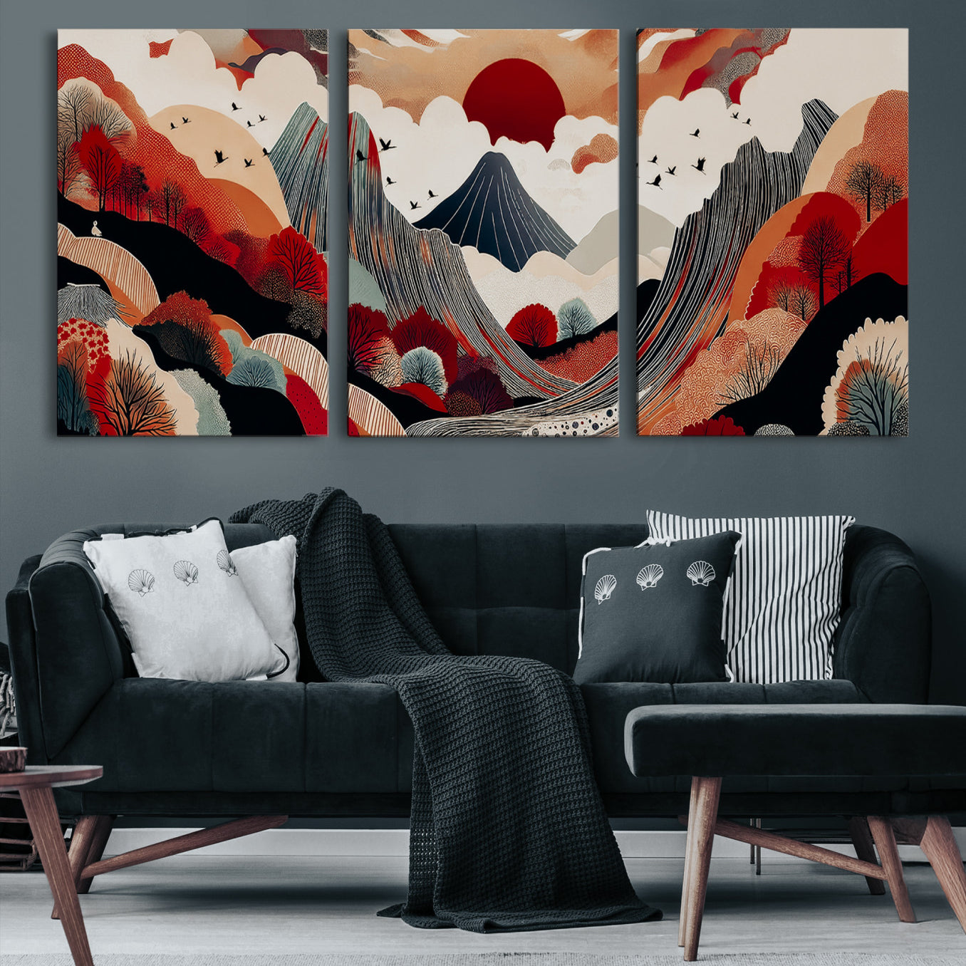 Abstract nature illustration with a red sun, mountains, and vibrant landscapes in graphic style, perfect for contemporary minimalist home decor. Ideal for modern spaces.
