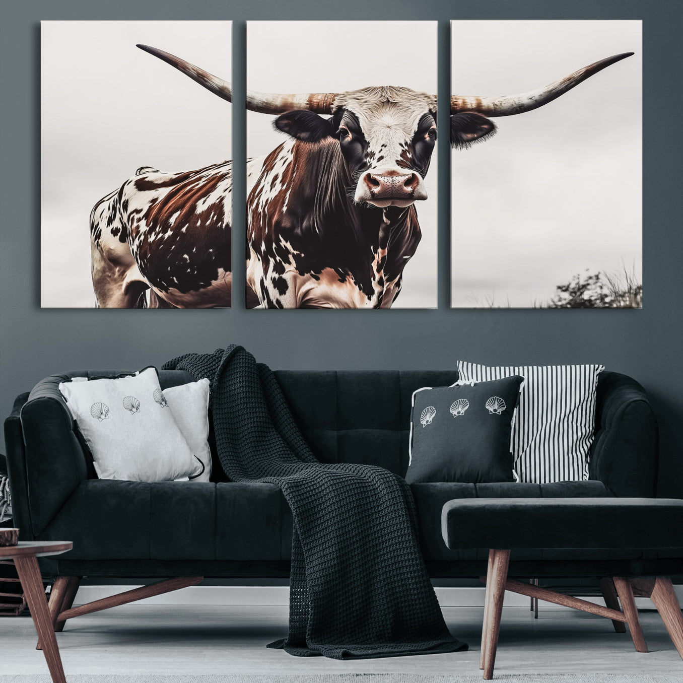 Close-up of a Texas Longhorn bull with powerful horns, perfect for rustic farmhouse or country-themed home decor. Ideal for animal lovers.