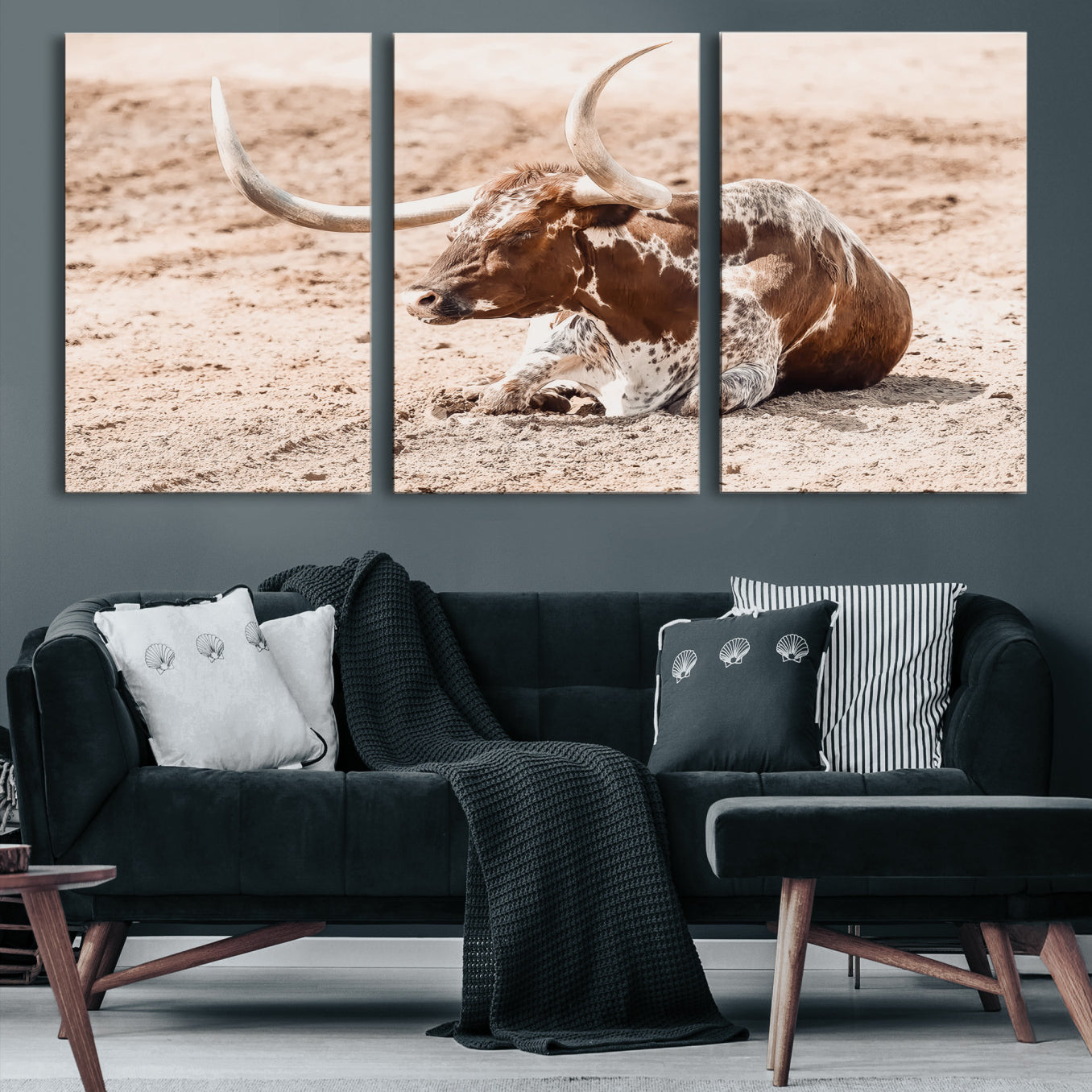 -Texas Longhorn Wall Art Canvas Print, Framed Resting Bull Art Picture Print, Spotted Cattle Perfect