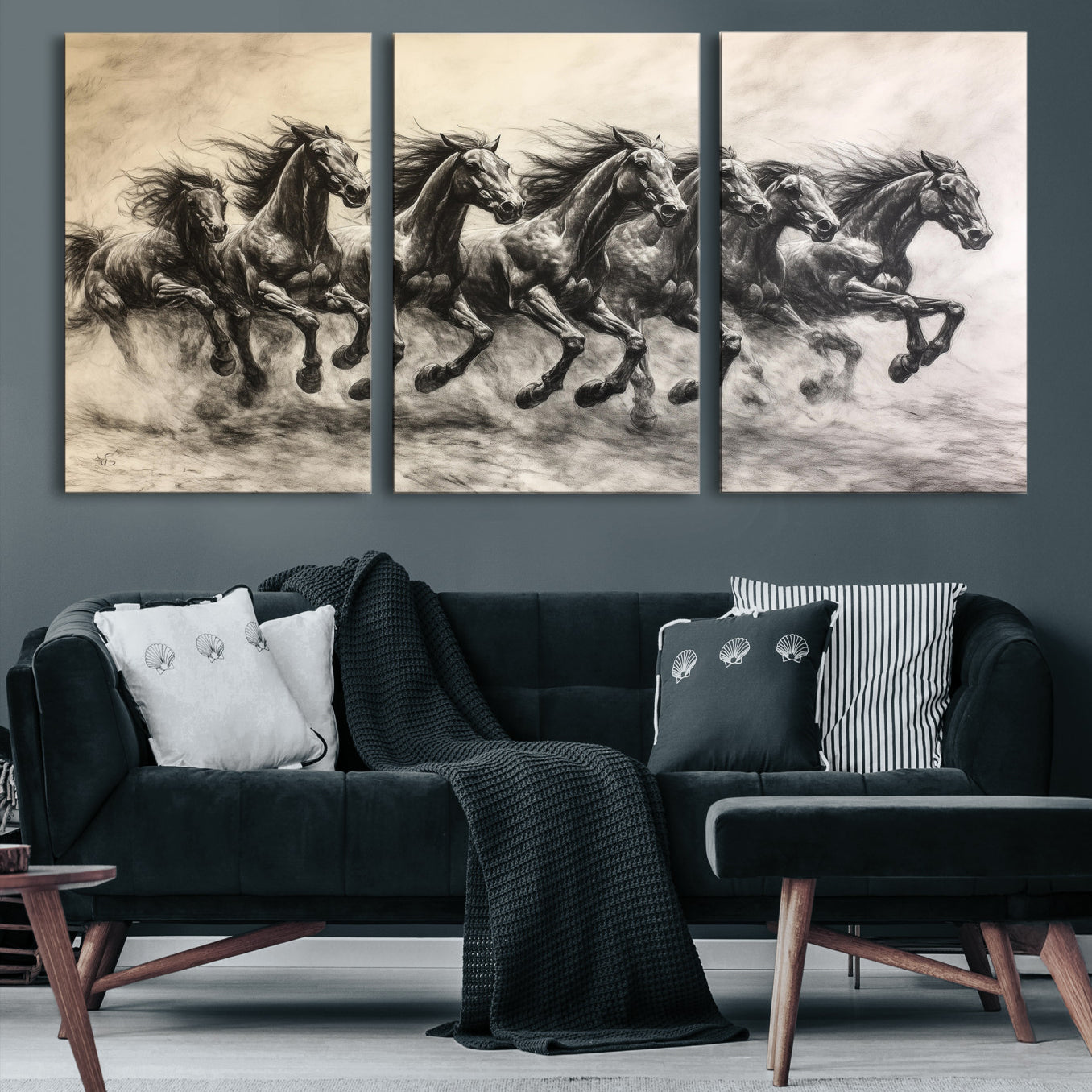 -Galloping Horses Wall Art Canvas Print, Framed Wild Stallions Art Picture Print, Horse Herd Sketch